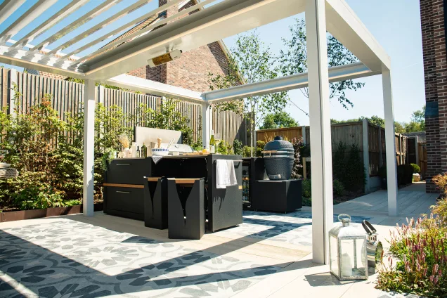 Grillo outdoor kitchen in ardleigh colchester under white pergola with roof back