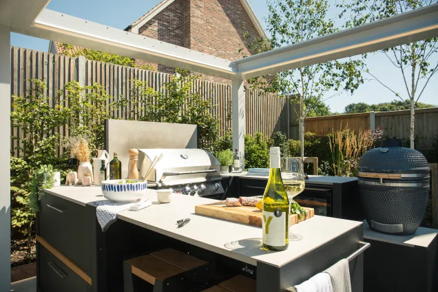 Grillo outdoor kitchen in ardleigh colchester with wine and food on worktop