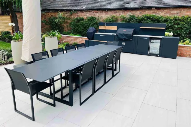 Outdoor kitchen in oldberrow henley-in-arden on patio with large dining table