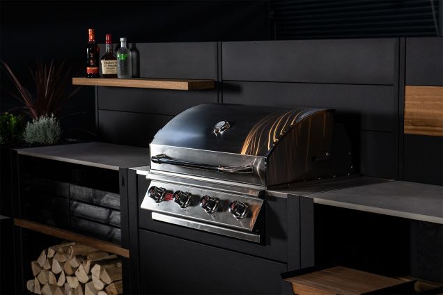 close up of bull gas grill station in grillo outdoor kitchen layout