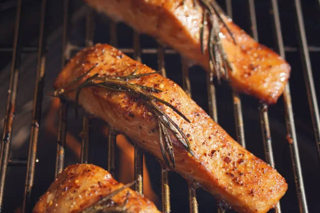 close up of salmon steaks on gusto charcoal bbq grill