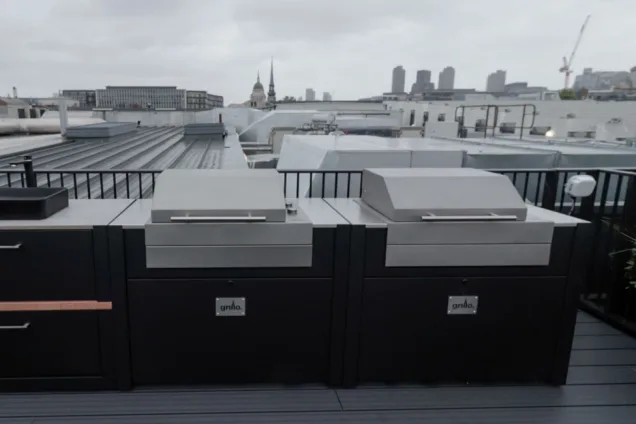 two voltiq electric bbqs on roof terrace in grillo outdoor kitchen
