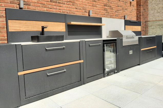 Outdoor kitchen in Avebury, Milton Keynes on roof terrace with sink, fridge and electric Voltiq bbq
