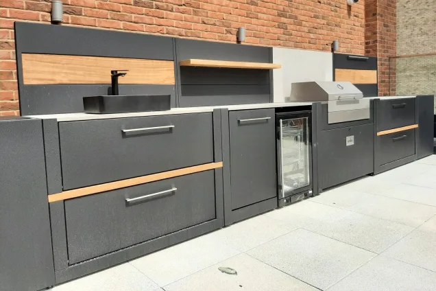 Outdoor kitchen in Avebury, Milton Keynes on roof terrace with fridge