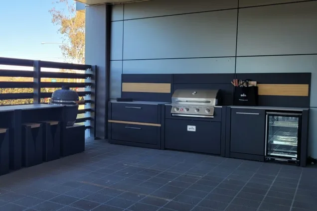 company outdoor kitchen in Sydney with charcoal and gas bbqs