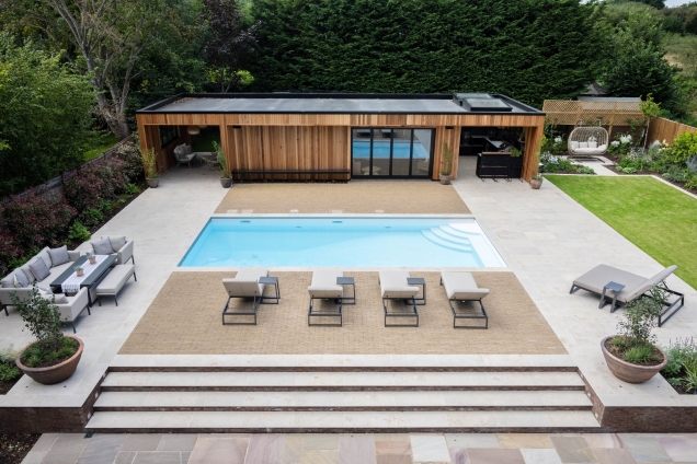 garden with pool, summerhouse, seating areas, and outdoor kitchen at West Malling, Kent