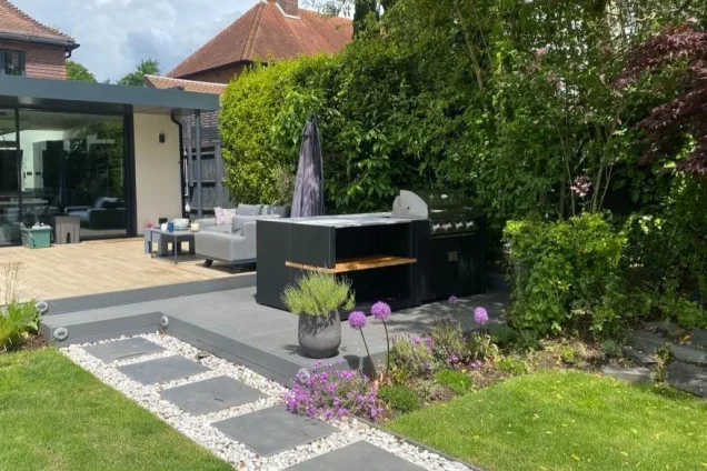 Outdoor kitchen in Bidborough, Tunbridge Wells shaded by trees on decking