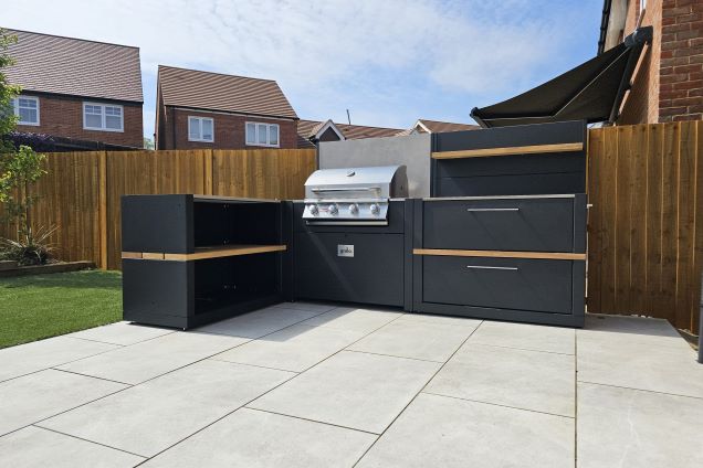 Outdoor kitchen in Biddenham, Bedford with a Gas BBQ and storage cabinets