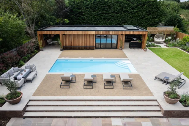 garden with pool, summerhouse, seating areas and outdoor kitchen at West Malling, Kent