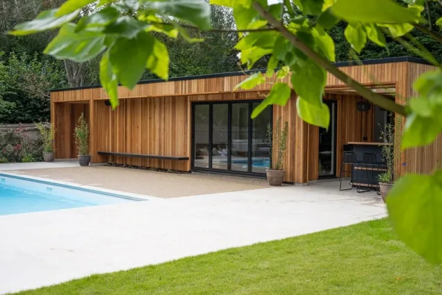 summerhouse next to pool with outdoor kitchen in West Malling, Kent