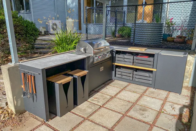 Outdoor kitchen at an air bnb in Blackheath, NSW with gas bbq and stool seating