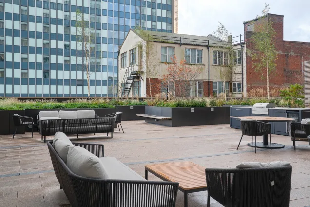 outdoor kitchen with seating area on roof-top at The Mercian, Birmingham