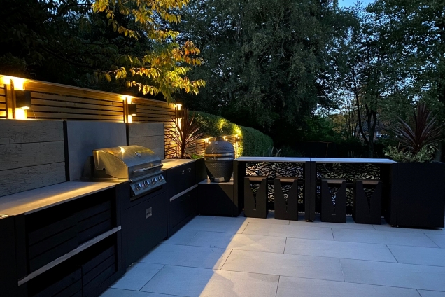 outdoor kitchen with night-lights at Stockport, Cheshire