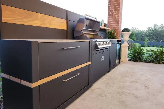 outdoor kitchen under roof with Bull gas grill and built-in fridge at Stawell, Northern Grampians