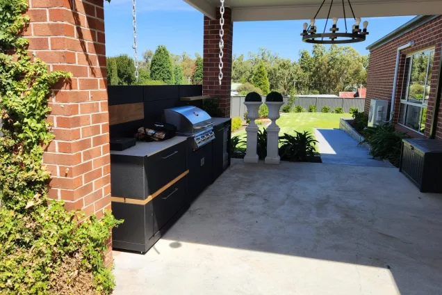 garden view from roofed outdoor kitchen at Stawell, Northern Grampians