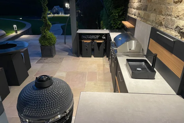 Sheffield outdoor kitchen under roof with garden view