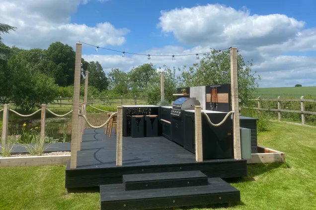 L-shaped outdoor kitchen on pontoon in Saffron Walden, Essex