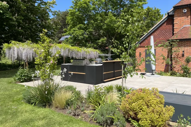 outdoor kitchen view from garden on patio in Reading, Berkshire