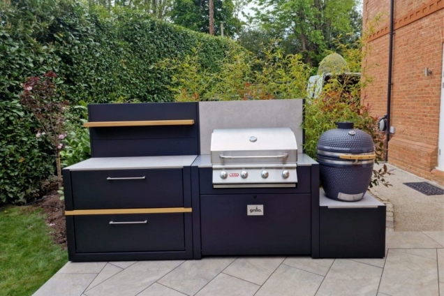 straight layout outdoor kitchen on patio in Cobham, Elmbridge