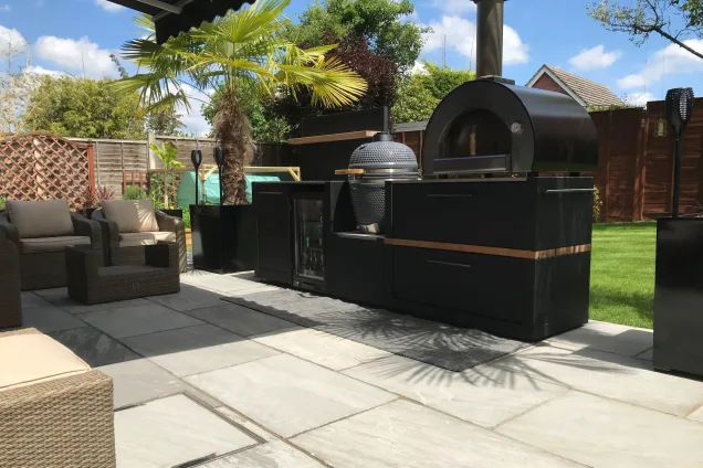 Outdoor kitchen in Braintree, Essex on patio with large pizza oven