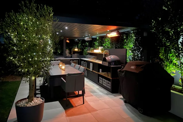Outdoor kitchen in Canford Cliffs, Dorset with outdoor fridge