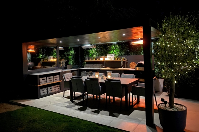 Outdoor kitchen in Canford Cliffs, Dorset under pergola on patio