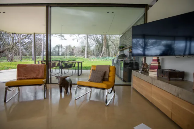 Grillo outdoor kitchen on Grand Designs looking outside to kitchen