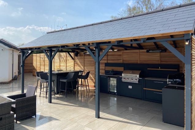 outdoor kitchen under pitched roof in Nuneaton, Warwickshire