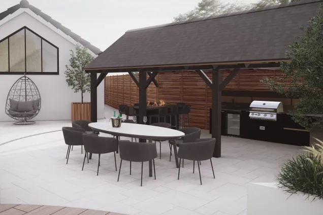 outdoor kitchen on patio under roof with dining area in Nuneaton, Warwickshire