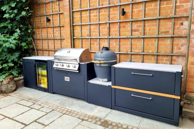 Outdoor kitchen in Evesham with Bull gas bbq and Gusto charcoal bbq and drinks fridge