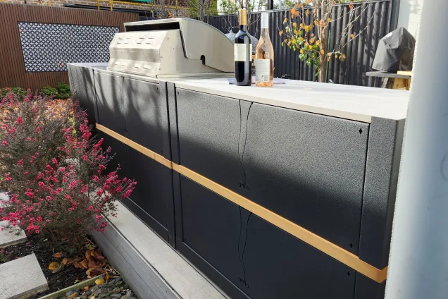 backside of outdoor kitchen on wooden patio in Mordialloc, Melbourne