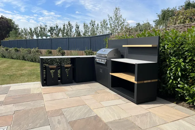 Outdoor kitchen in chelmsford on patio with gas bbq and storage
