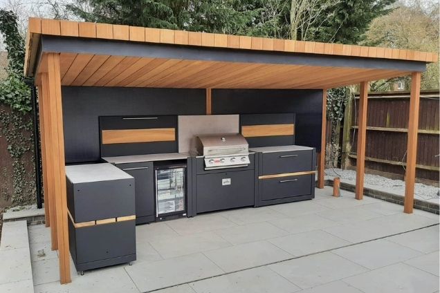 Bull Gas Grill and built-in fridge in outdoor kitchen in Longstanton, Cambridge