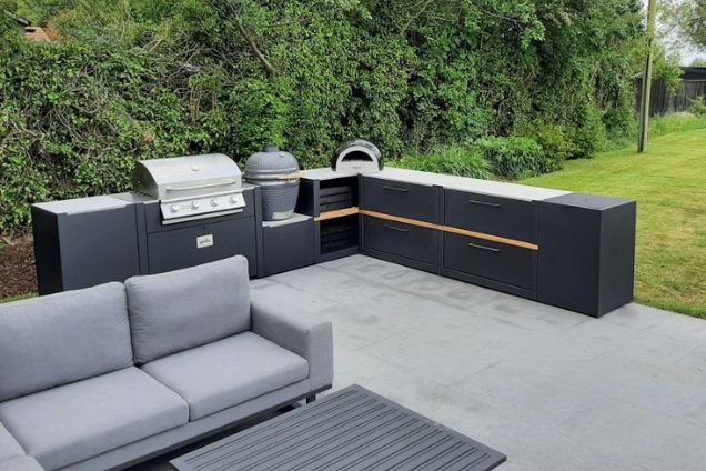Outdoor kitchen in Sudbury with Charcoal, gas bbqs and pizza oven