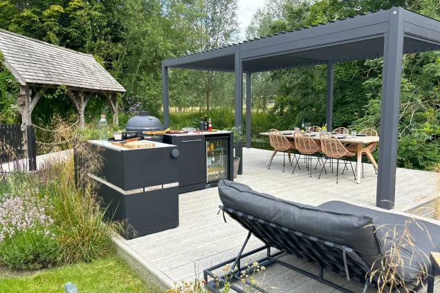 outdoor kitchen area with pergola in Kelvedon, Essex