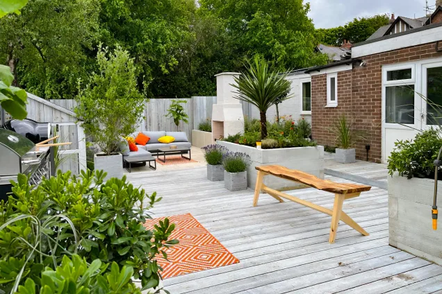 Outdoor kitchen on ITV series in garden on decking