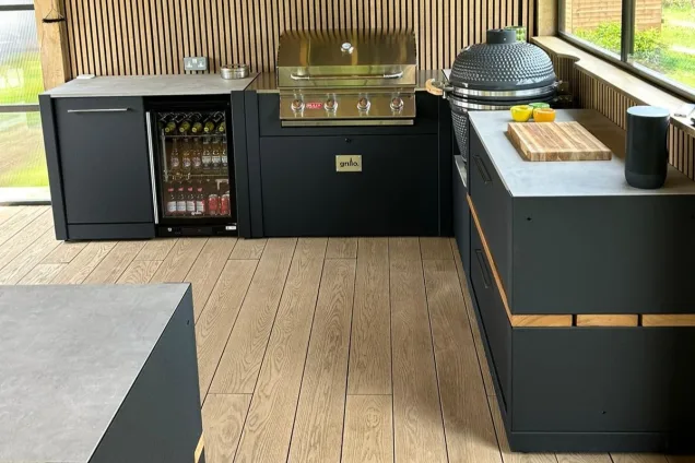Outdoor kitchen in Hertfordshire with Gas BBQ, Gusto BBQ and fridge cabinet