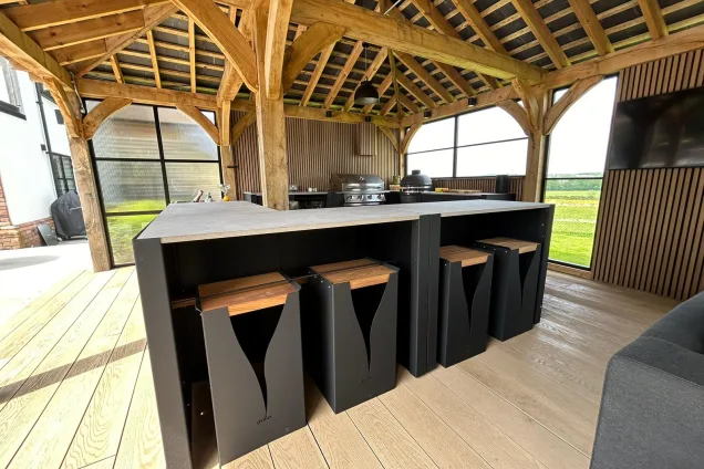 Outdoor kitchen in Hertfordshire with Bar table and stools