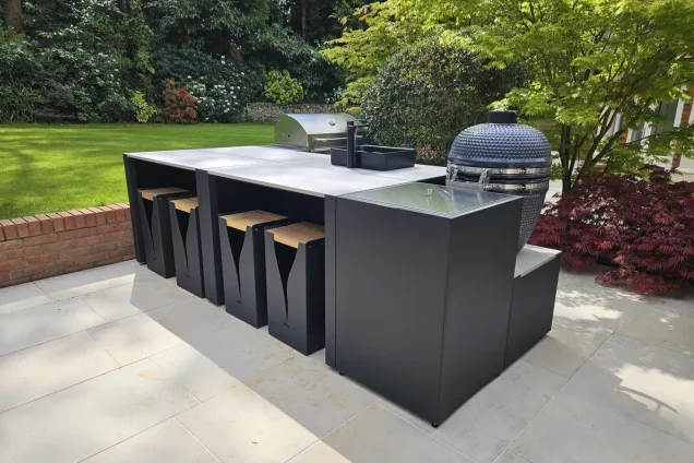 Outdoor kitchen in Weybridge with Gas BBQ, Charcoal bbq and bar stools