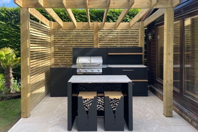outdoor kitchen under pergola in Edlesborough, Dunstable