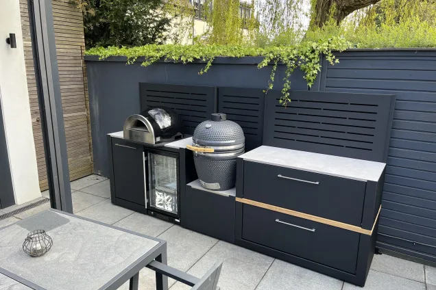 outdoor kitchen with Gusto charcoal BBQ in St Albans, Hertfordshire