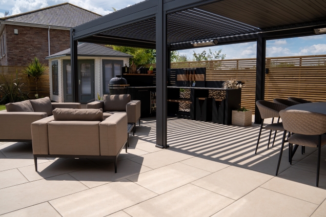 outdoor kitchen under pergola on patio in Tamworth, Staffordshire