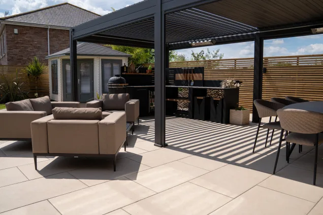 outdoor kitchen under pergola on patio in Tamworth, Staffordshire