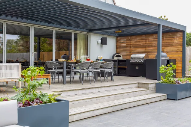Outdoor kitchen in Colchester with pizza oven, bull bbq