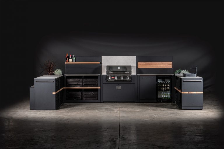 outdoor kitchen with gas bbq station, storage units and planters