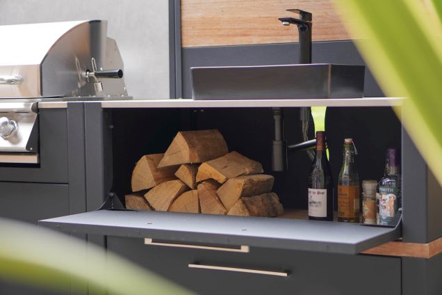 grillo storage cabinet with wood and bottles in cabinet