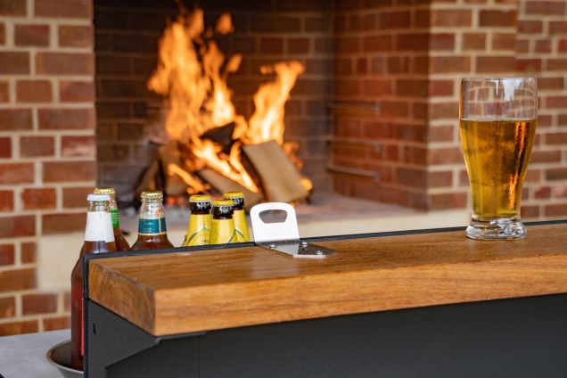 standing bar with beer boss on the wooden bar