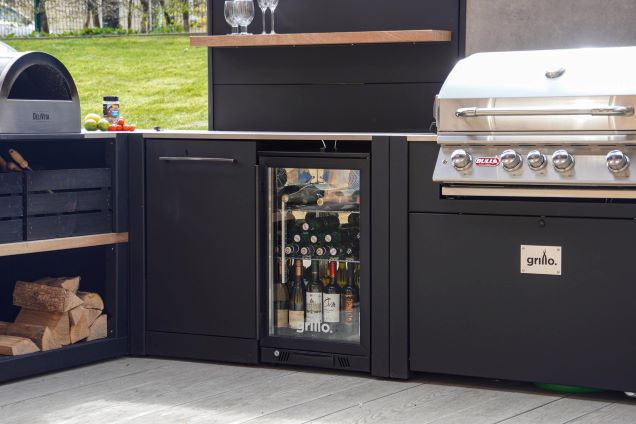 drinks fridge and bin next to bull grill gas station
