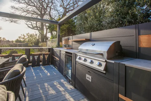 Bull bbq on decking in garden