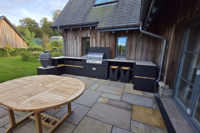 Outdoor Kitchen in Birnam, Perthshire on patio outside wooden cladded house